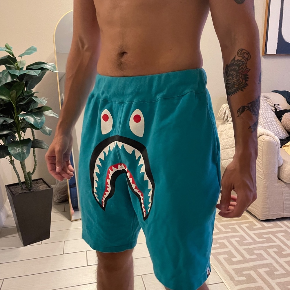 Authentic Bape Solid Shark Beach/Sweat Shorts Blue - image 1